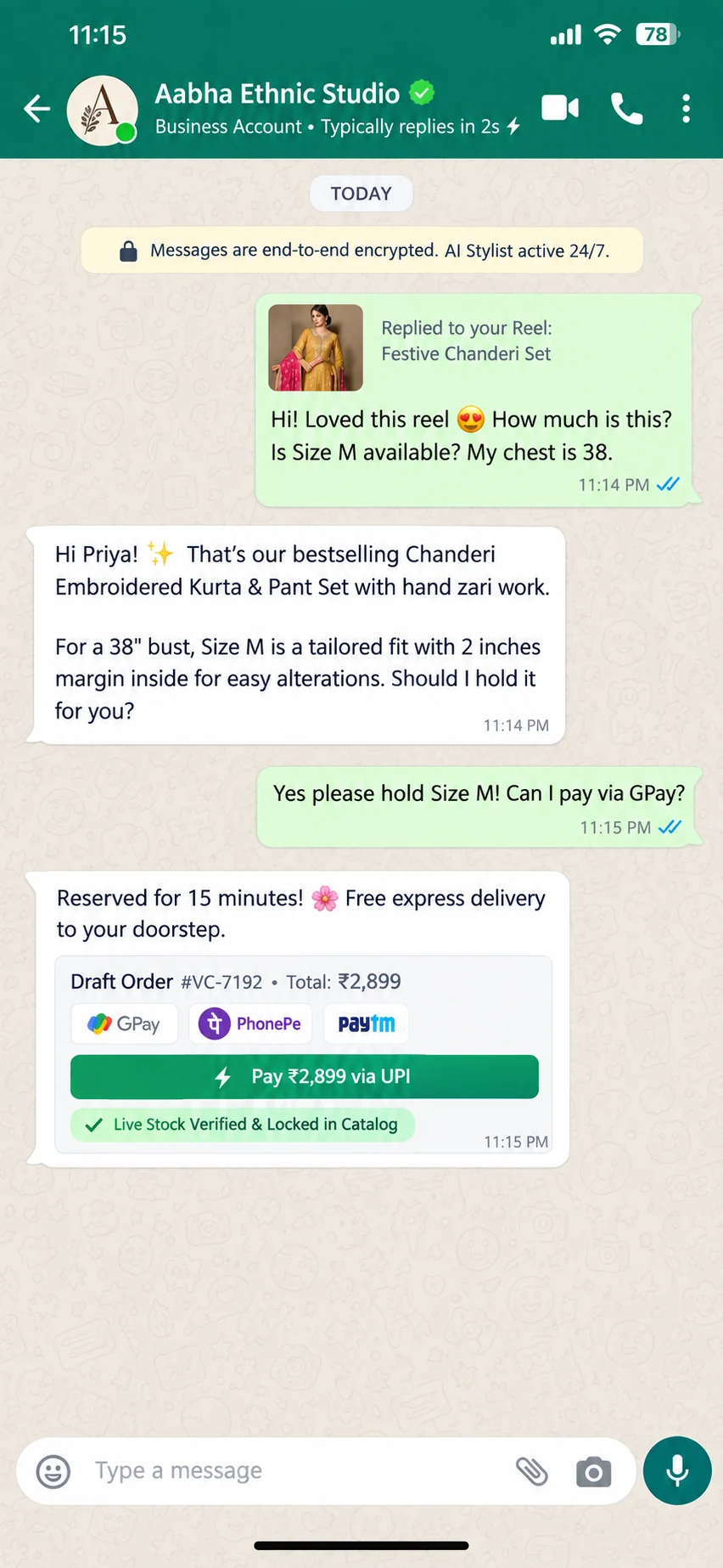 Illustrative VoluChat sizing and stock check WhatsApp conversation preview