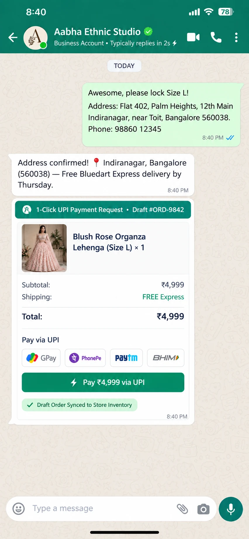 Illustrative VoluChat 1-click UPI payment WhatsApp conversation preview