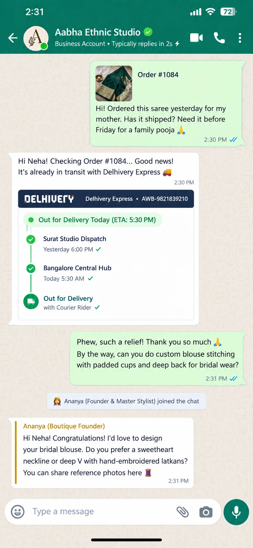 Illustrative VoluChat courier tracking and VIP handover WhatsApp conversation preview